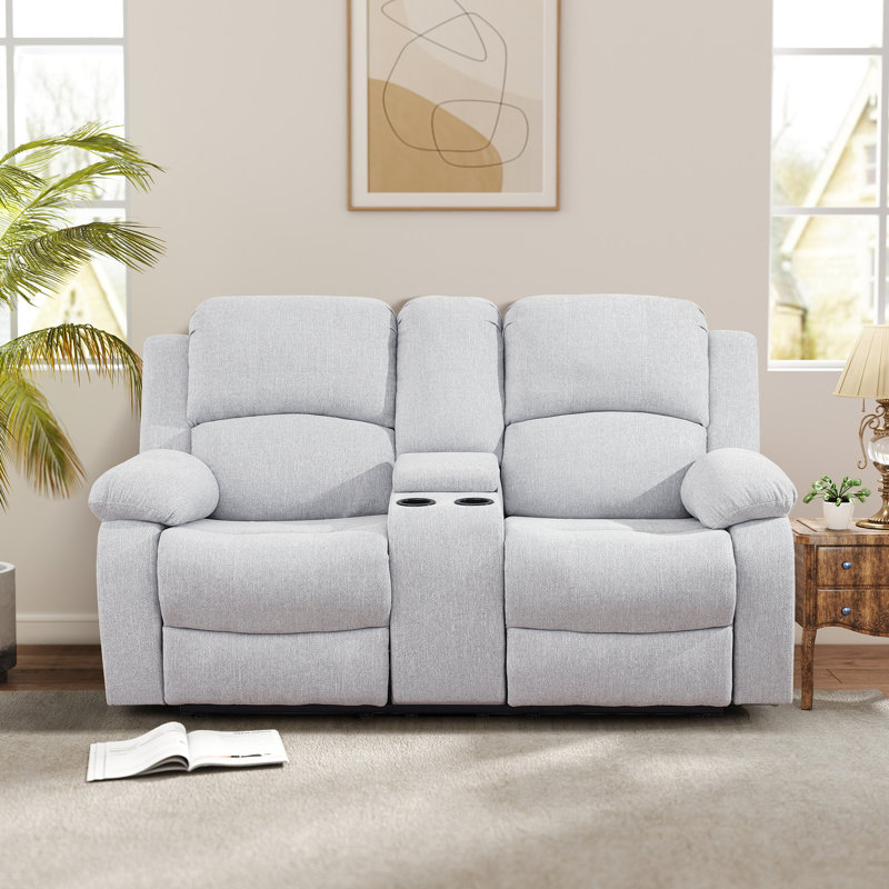 Double fauteuil inclinable manuel, causeuse rembourrée avec porte-gobelets, ligne, blanc, Lin blanc