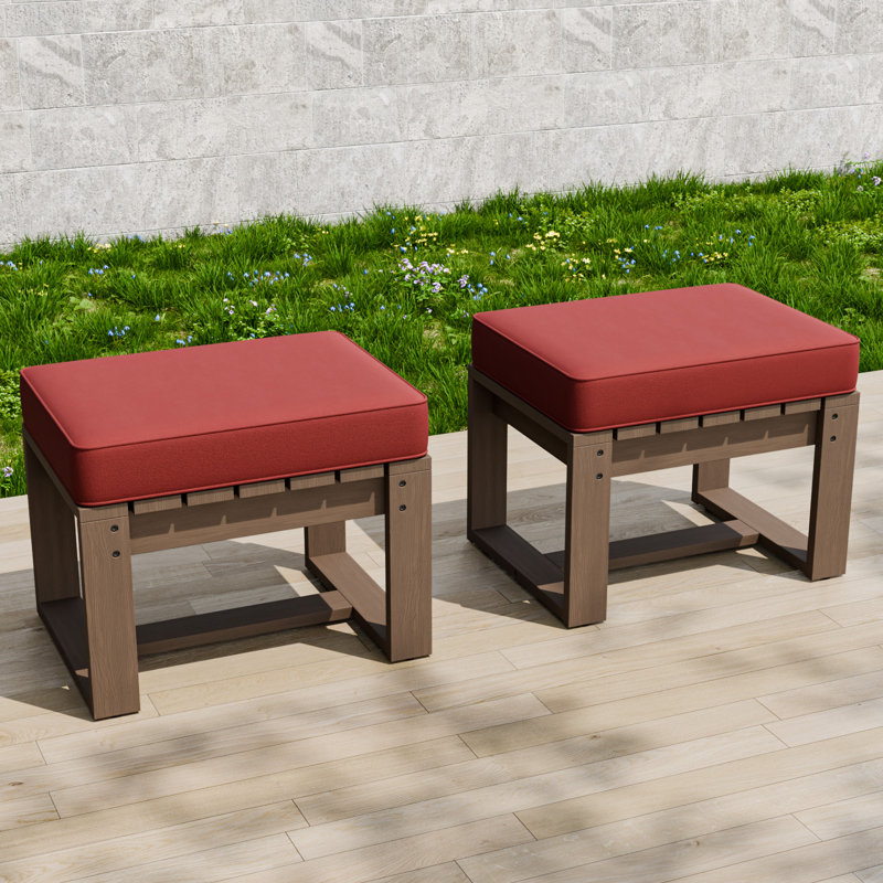 Cedar Solid Wood Frame Patio Outdoor Ottomans with Cushions, Red