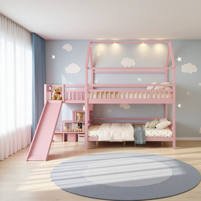 House-Shaped Bunk Bed With Slide,Playhouse Bed With Storage Stairs,Two Placement Methods ,Noise-Free Design