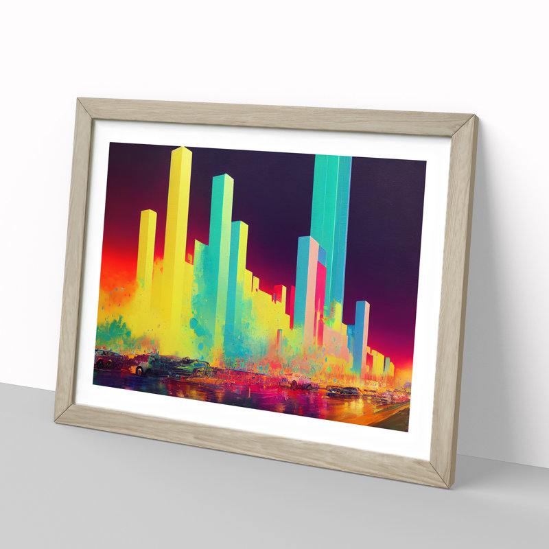 Dripping City Skyline Vol.1 Abstract 1 Piece Single Picture Frame Painting, 25cm H x 34cm W x 2cm D, Oak