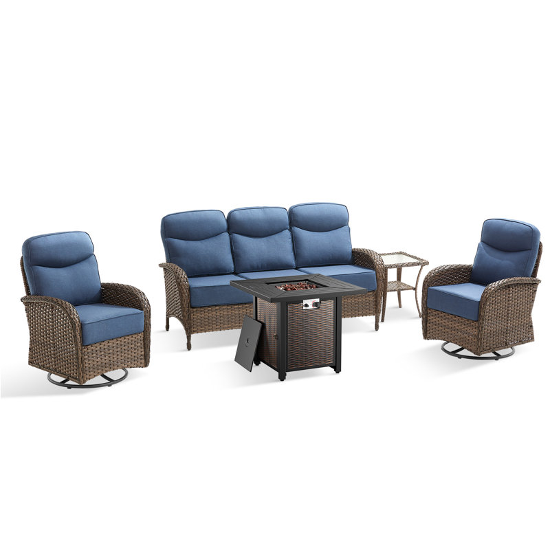 Ensemble de conversation de table de foyer d'extérieur en osier 5 pièces avec canapé et glissières pivotantes, Bleu