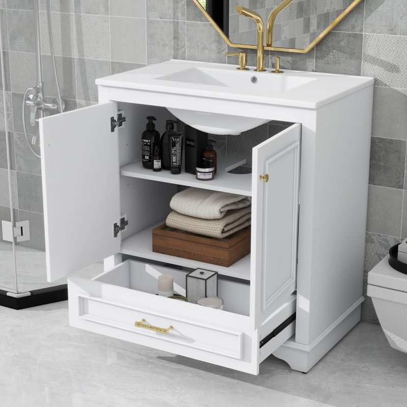 Meuble-lavabo de salle de bain avec lavabo 30 po avec accents dorés, tiroir inférieur, portes à fermeture douce, structure en bois massif