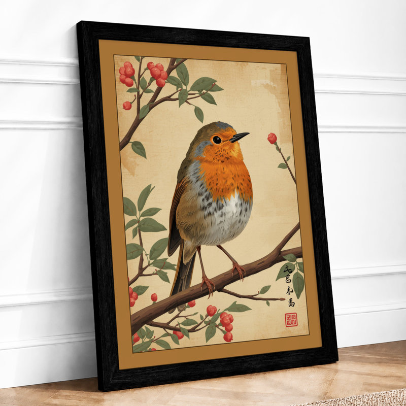 Robin Among Blossoms Japandi - Framed Print, Black, A3 - 42.0 x 29.7 cm
