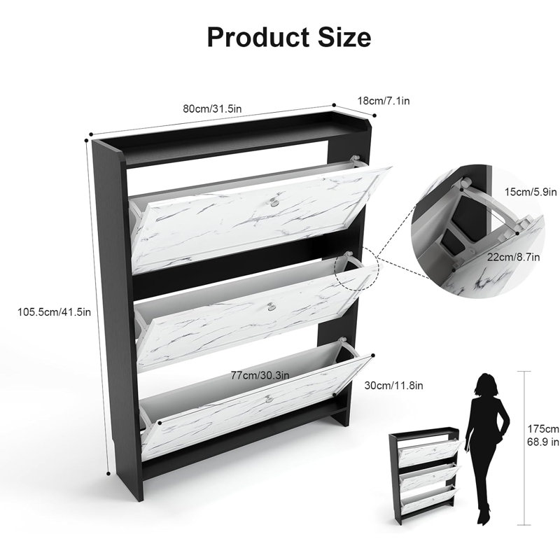 Armoire à chaussures avec 3 tiroirs rabattables, rangement pour armoire à chaussures autoportante avec conception anti-basculement, étagère à chaussures étroite pour l'entrée, porte d'entrée, vestibule, couloir