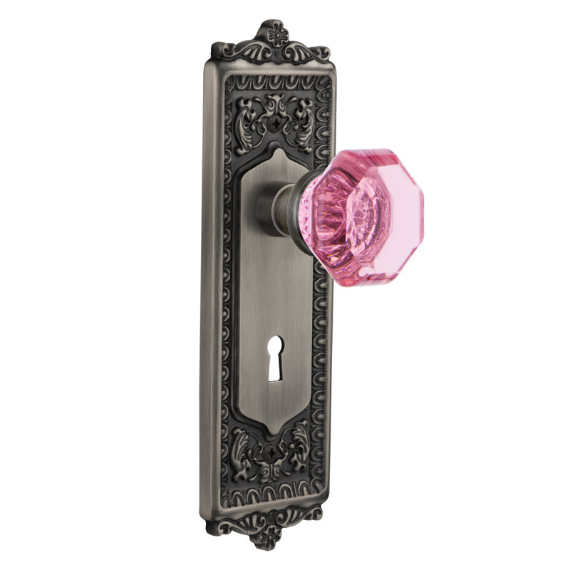 Egg & Dart Plate avec trou de serrure décoratif et bouton de porte rose Waldorf, Étain antique