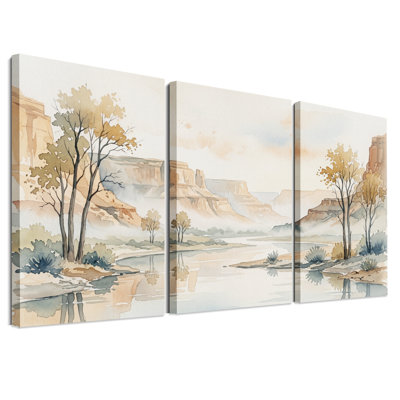 Ensemble de 3 aquarelles sur toile représentant des arbres d'automne et un canyon.