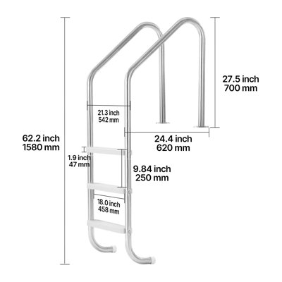 Échelle de piscine, escalier à 3 marches avec rampes doubles, larges marches robustes antidérapantes, structure en acier inoxydable, capacité de 265 lb pour les entrées / sorties de piscines creusées de 48 à 54 po, intérieur et extérieur