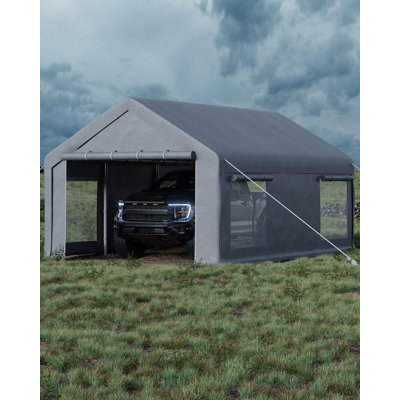 13x20 Ft Carport with 8 Sandbags, Car Port with 220g PE Tarp, 2 Roll-Up Doors, and 4 Windows, for Full-Size Pickups, Bass Boats, Tractors, and SUVs, Grey