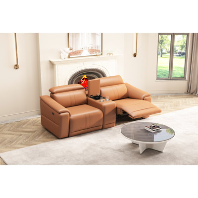 3 modulaires en cuir brun, canapé modulaire confortable avec fauteuil inclinable électrique et 2 porte-gobelets, style moderne pour les petits espaces, système de bureau respirant et convenant au rangement