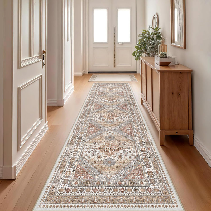 Medallion Non Slip Washable Rug(Orange), Runner 2'6" x 10'