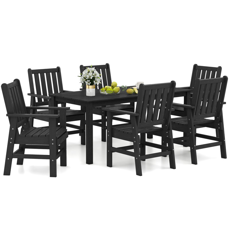 7 Pieces Patio Dining Set Outdoor HDPE Weather Resistant Table & Chairs Set Black, Black