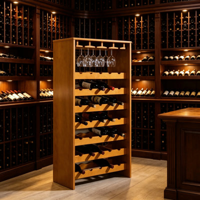 Casier à vin en bois au fini chêne, tablette de rangement et d'exposition à 7 niveaux pour bouteilles de vin, idéale pour la cuisine, le bar ou la salle à manger.
