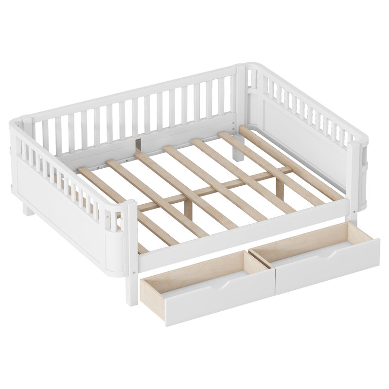 Lit double blanc avec rails de sécurité et tiroirs sous le lit, lit de jour convertible