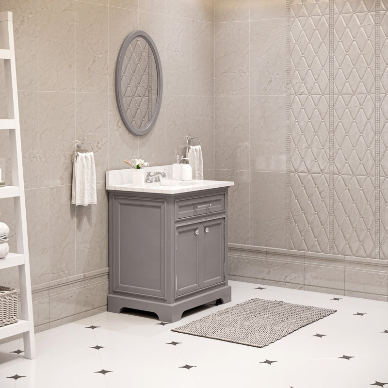 Derby 30" Carrara White Marble Countertop Bath Vanity with Mirror, Gray