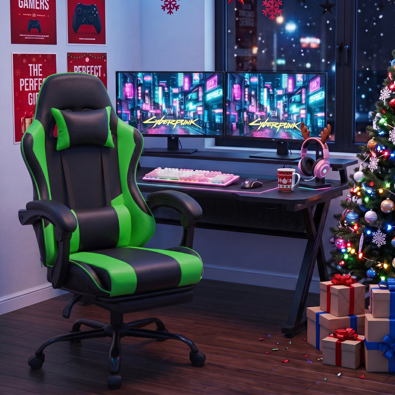 Fauteuil de jeu ergonomique de type course avec repose-pieds rétractable, accoudoirs articulés, inclinaison à 135°, hauteur réglable, pivotement à 360°, charge maximale de 181 kg (400 lbs) pour le bureau et le jeu.