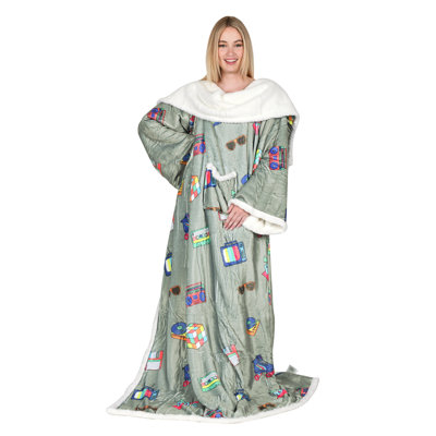 Printed Sherpa Wearable Blanket with Sleeves Arms, Large Fleece Plush Wrap Robe Blanket for Adult