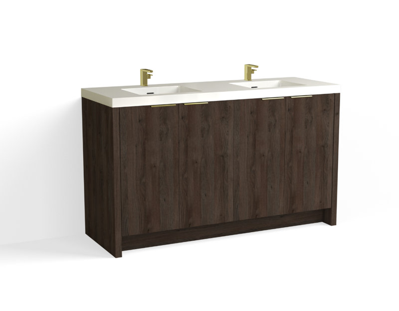 Mesa 60" W Freestanding Double Bathroom Vanity , White Gloss, White Nanomatte/Satin Brass, Single-Hole