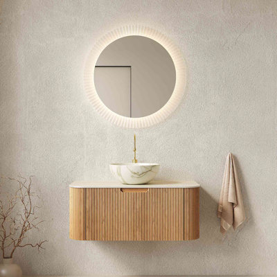 Meuble-lavabo de salle de bain, meuble de rangement rayé à bords arrondis avec tiroir, cuve en céramique et plateau en pierre frittée à motif de travertin, pré-assemblé