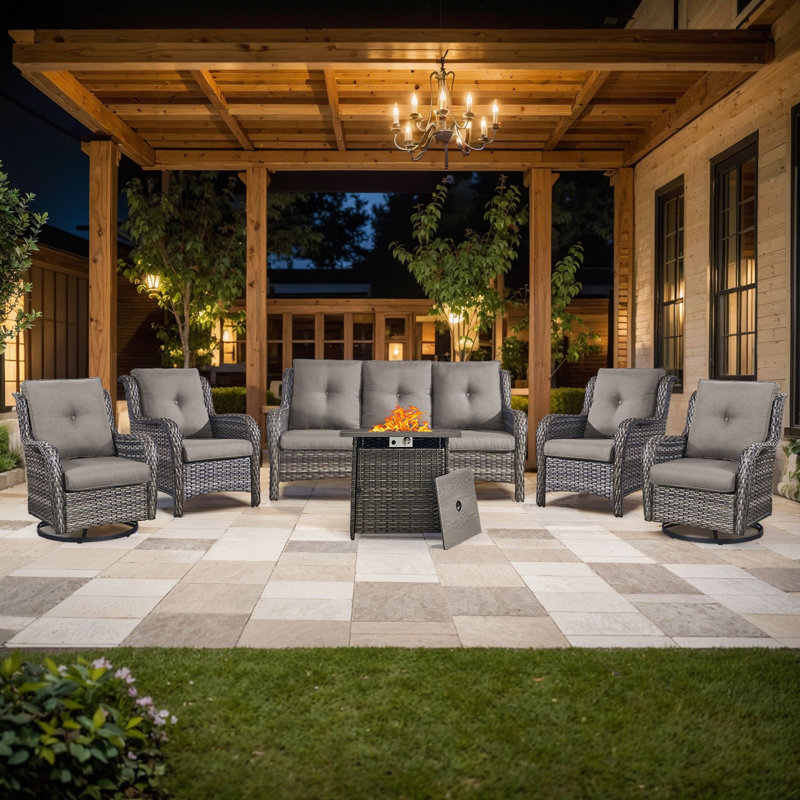 Wendye 6-Piece Wicker Patio Furniture Set With Rattan Chairs, Fire Pit & Sofa, Gray, Gray