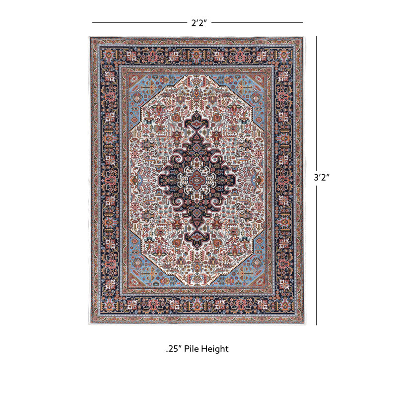 Emanuel Traditional Machine Woven Flatweave Blue and Navy Area Rug with Non Skid Backing , Rectangle 2'2'' x 3'2''
