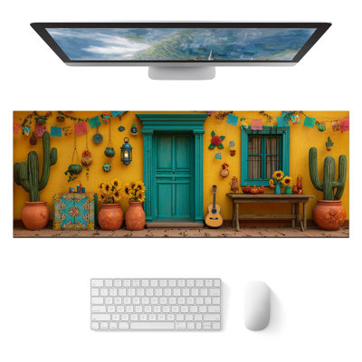Mouse Pad Gaming Mousepad Mexican Courtyard Floral Artwork Diatomite Large Keyboard Desktop Mat XL Mouse Pad for Home and Office Desk Accessories, 15.7 x 35.4 inComes with a pure white mug as a gift