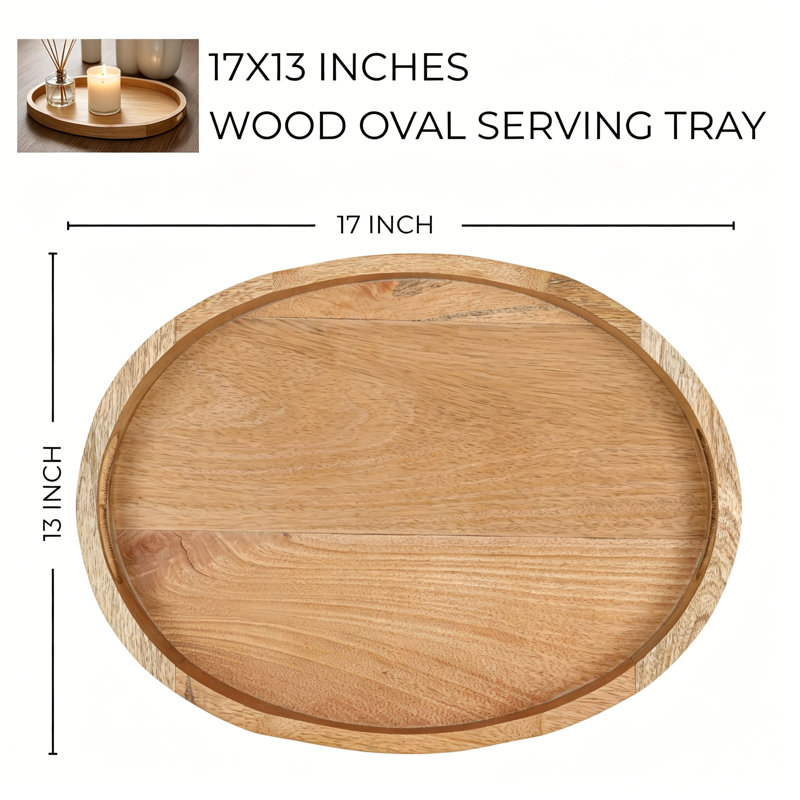 Wooden Serving Tray For Coffee Table And Ottoman - Decorative Charcuterie Board And Fruit Basket Organizer, Natural Beige Rectangular Tray