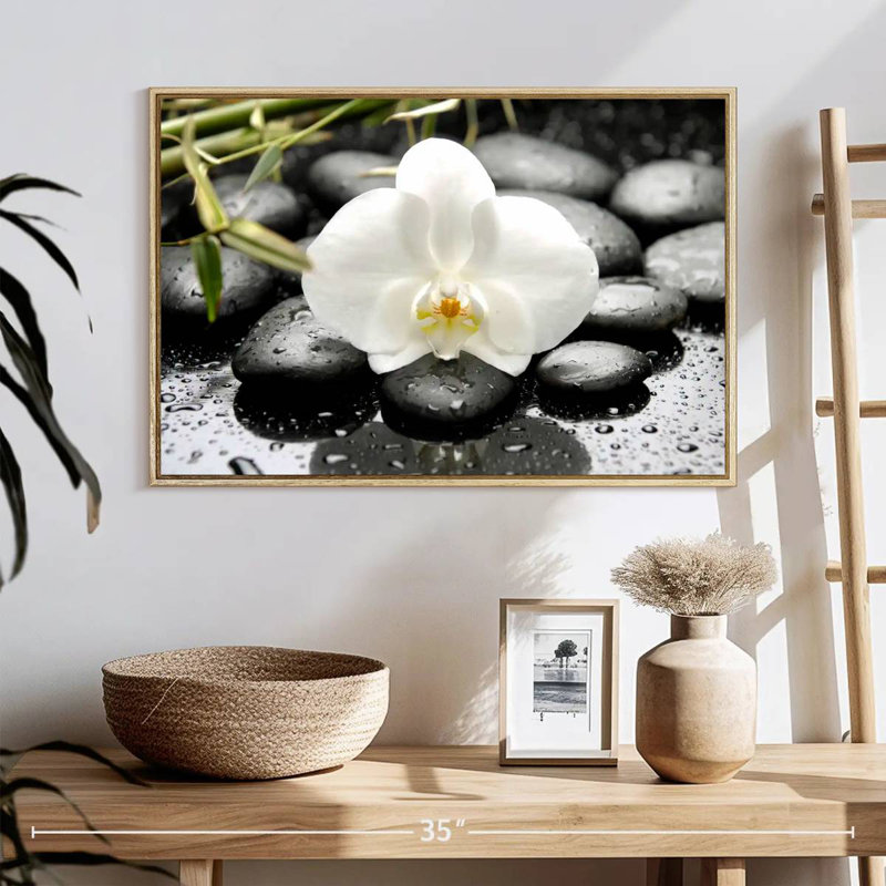 Orchidée blanche, 25 po x 17 po, Cadre flottant en bois naturel