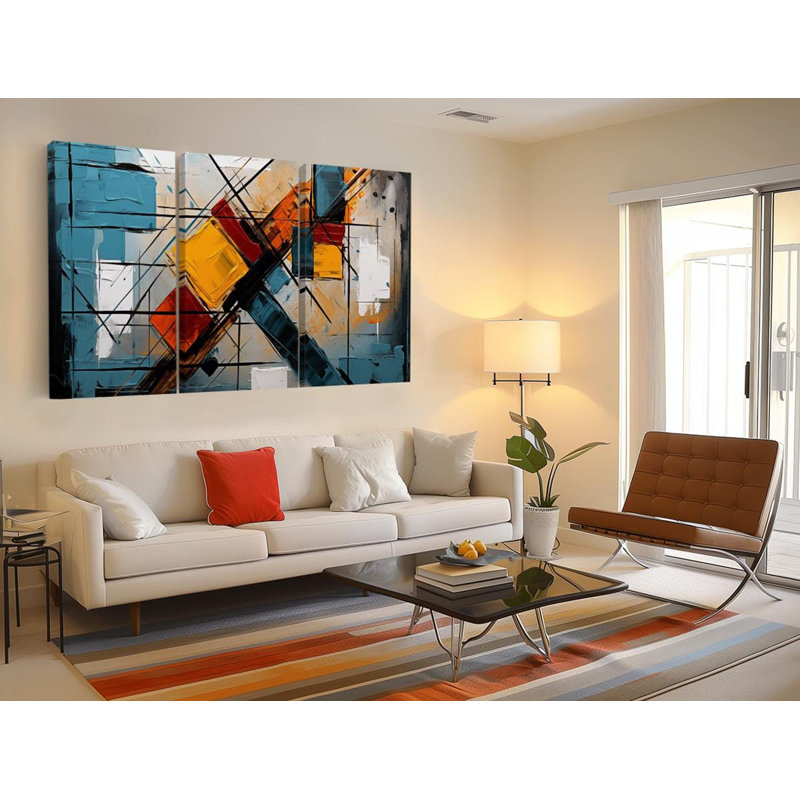 Reproduction de peinture, bleu, jaune, rouge, sur toile, de style galerie, triptyque, PRÊT À ÊTRE SUSPENDU
