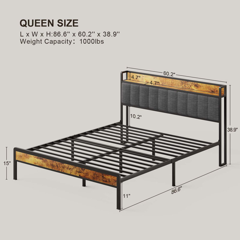 Kewarra Platform, Metal Bed Frame with Storage Headboard, Sturdy and Stable, Dark Gray, Queen