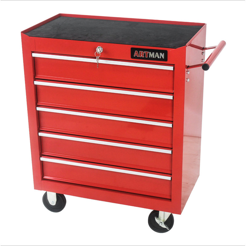Coffre à outils à 5 tiroirs, armoire de rangement pour outils pour le garage avec 4 roues et système de verrouillage, Rouge