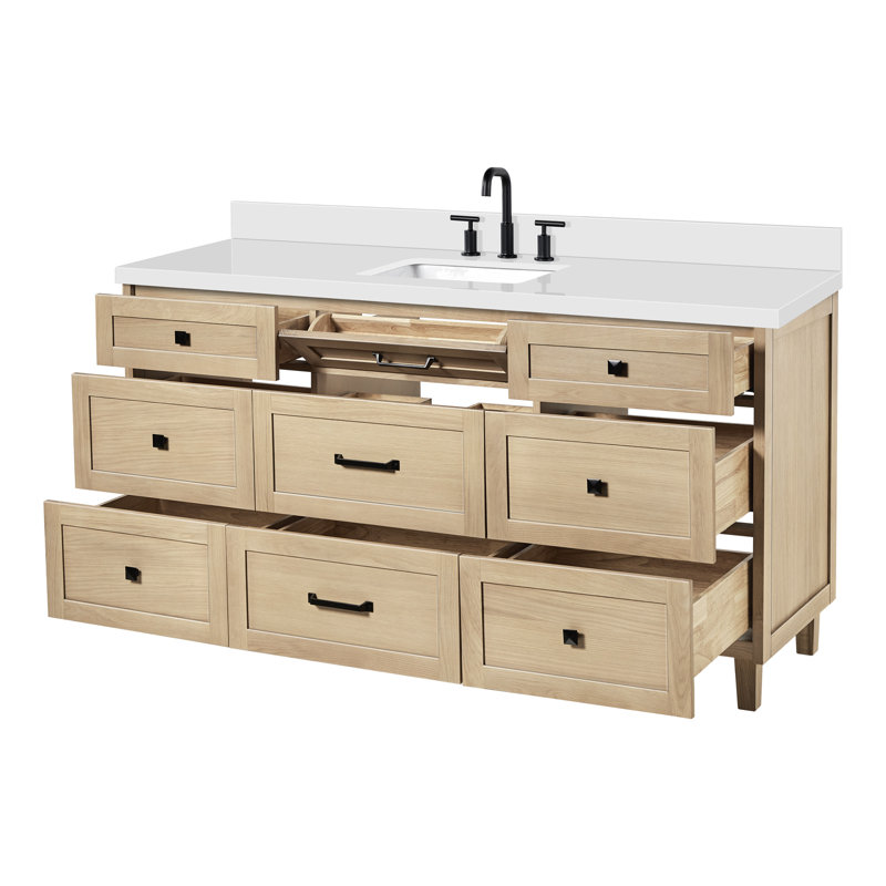 Meuble-lavabo simple avec comptoir en quartz ARIEL Monroe, Chêne, Pure White Quartz, 60" - 61"
