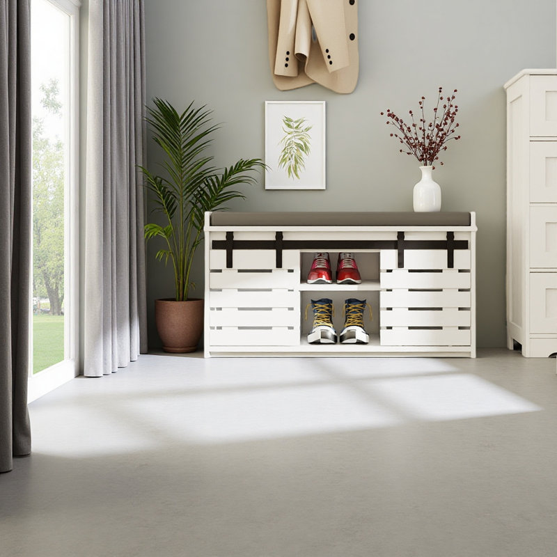 Modern Shoe Storage Bench, 2-Tier Entryway Bench With 2 Sliding Barn Doors & Full Soft Removable Seat Cushion