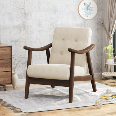 Chaise de style Mid-Century moderne avec revêtement beige et structure d'appoint brun