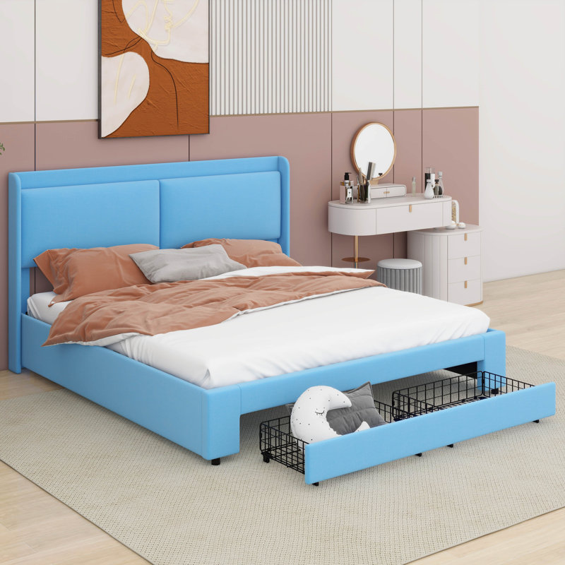 Grand lit avec panneau de rangement Lutishia, Bleu
