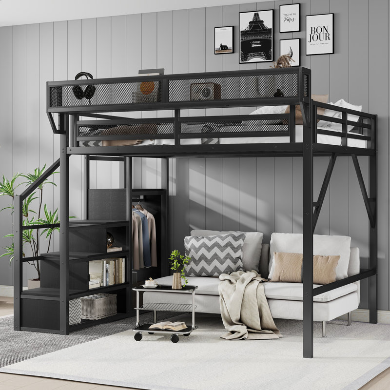 Queen Size Metal Loft Bed with Stairs, Storage Shelves & Wardrobe, High Loft Bed for Kids and Teens, Black, Queen