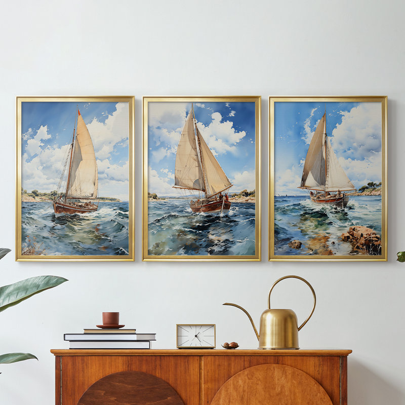 NAUTICAL Series CECXLI - Toile tendue avec châssis encadré - 3 pièces, H 30 po x l 63 po, Doré