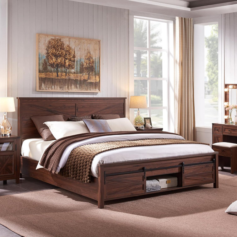 Argana Farmhouse Wood Bed Frame with Sliding Barn Door Storage Cabinets and Headboard