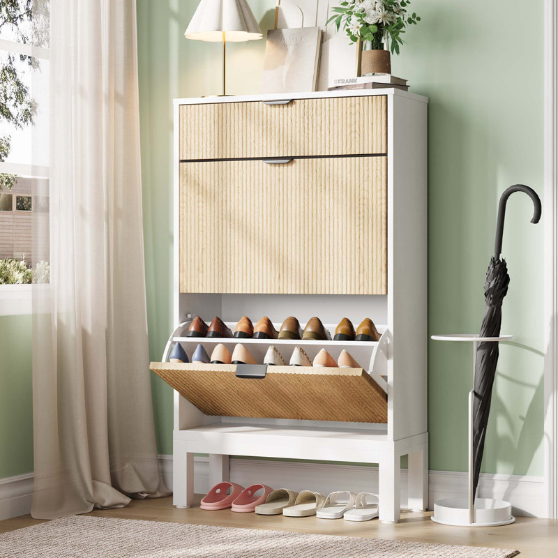 Shoe Cabinet with 2 Flip Doors & 1 Drawer, Entrance Wooden Shoe Rack with Iron Legs, Slim Shoe Storage Cabinet, Modern Fluted Shoe Organizer for Entryway Hallway, White+Oak