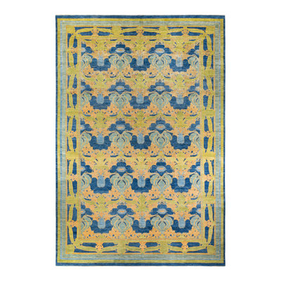 Tapis bleu / jaune / vert noué à la main de conception unique 12 pi 1 po x 17 pi 3 po Topeka Arts & Crafts