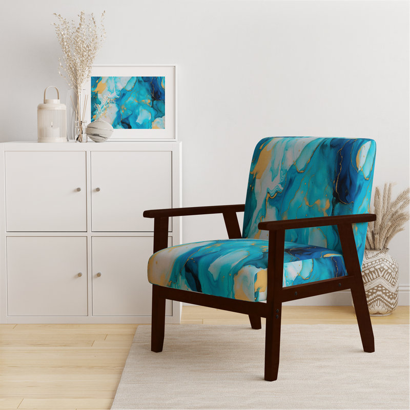 Berdahl Marble Upholstered Armchair, Turquoise Polyester, Brown Square Arms