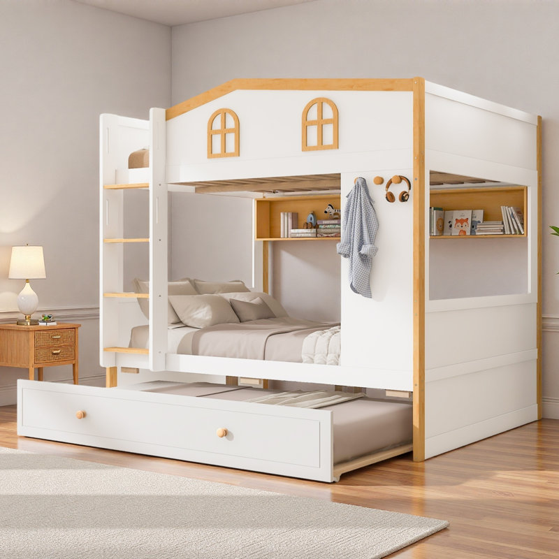 Bunk Bed With House-shaped Guardrails, Storage Shelves And Trundle, Twin Over Twin