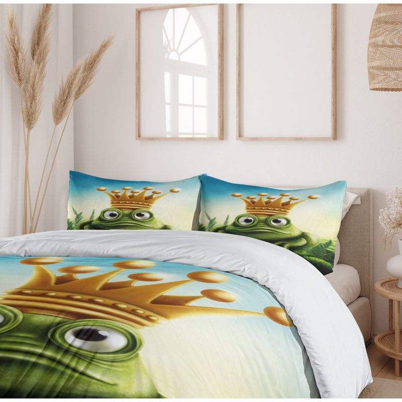 Ensemble de housse de couette de grenouille de grenouille sur mousse avec couronne conte inspiration, Très grand