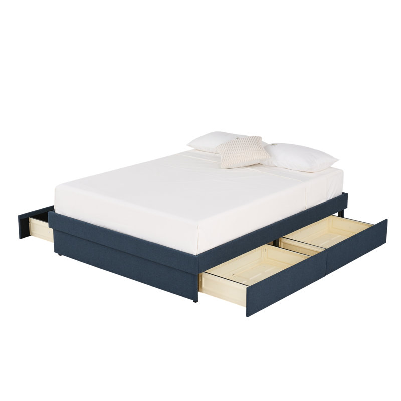 Lit plateforme rembourré avec rangement et 4 tiroirs, Lit double, Bleu