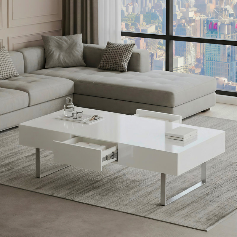 Table basse moderne lustrée de 52,4 po - Tiroirs de rangement cachés, pieds en acier inoxydable, Blanc