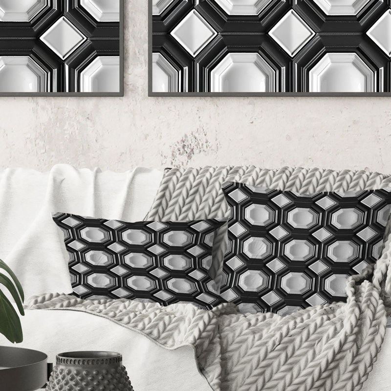 Coussin lombaire moderne noir et blanc Hexagon I