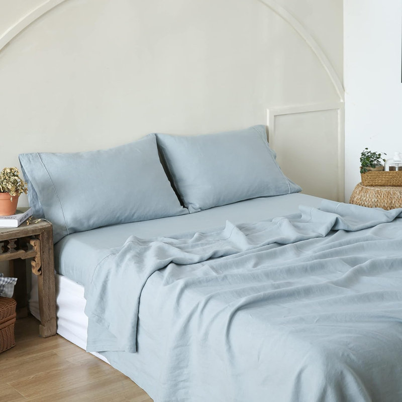 Ensemble de draps 100% lin pur, Ensemble de draps pour lit double avec trois taies, Bleu cendré