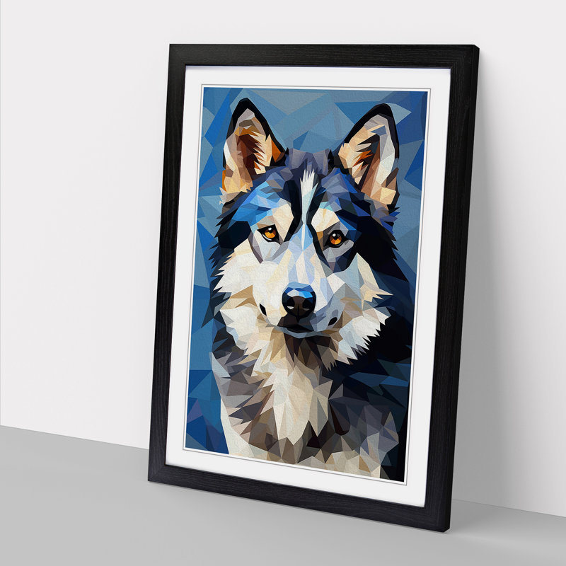 Husky Cubism - Single Picture Frame Print on Wood, 46cm H x 34cm W x 2cm D, Black