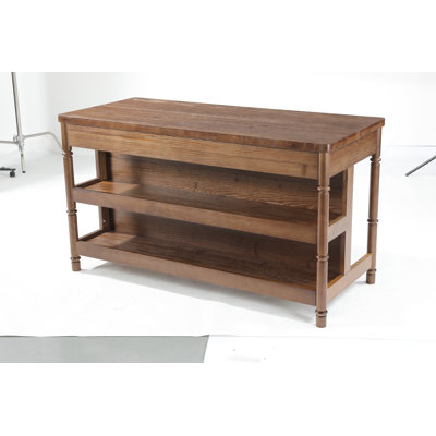 Îlot de cuisine en bois massif avec 2 tablettes de rangement ouvertes, brun