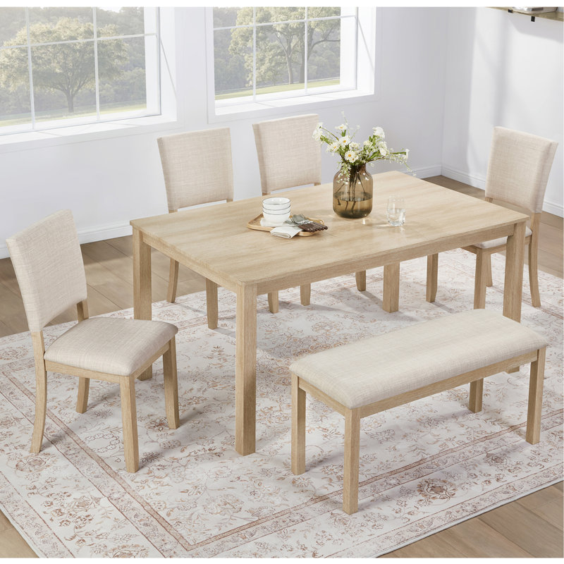Ensemble de table de salle à manger 6 pièces avec banc, ensemble de table de cuisine rectangulaire en bois avec banc et 4 chaises rembourrées pour le salon, la cuisine, la salle à manger