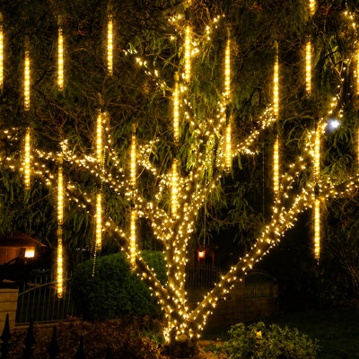 Christmas Meteor Lights, 864 LED Falling Rain Light Set with 24 Tubes, Plug-In Waterproof String Lights for Outdoor Tree and Yard Decor, White